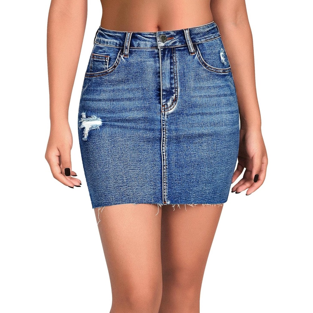 Roswear Women's Size Small Denim Mini Skirt High Rise Distressed Blue Raw‎ Hem